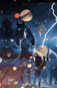 a painting of a horse with lightning strikes around it