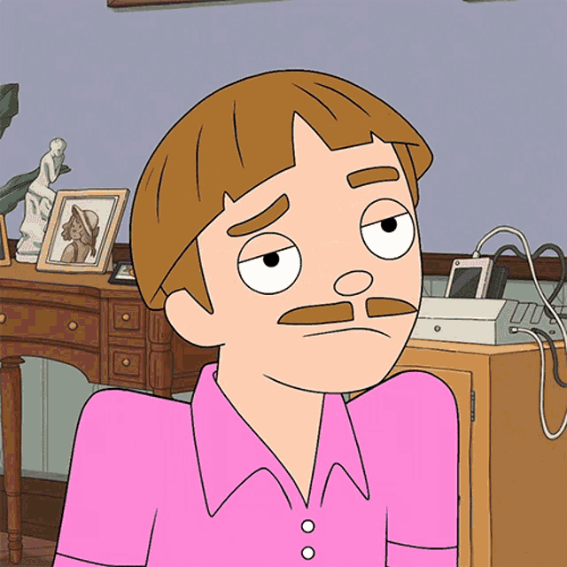 a cartoon of a man with a pink shirt and a mustache making a sad face