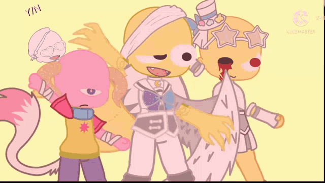 a group of three cartoon characters are standing next to each other .