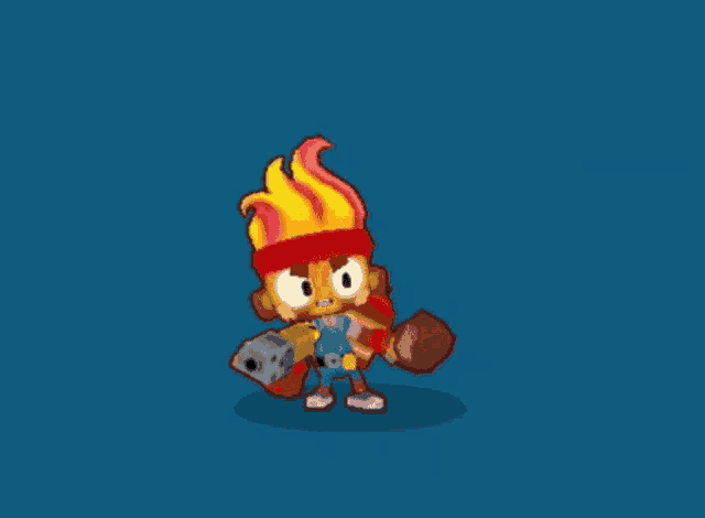a cartoon character is holding a sword and a flame coming out of his head