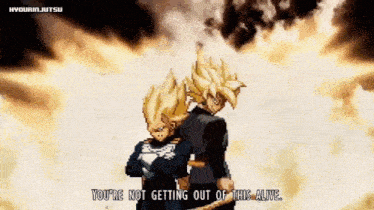 two anime characters are standing next to each other and one of them is saying you 're not getting out of this alive .