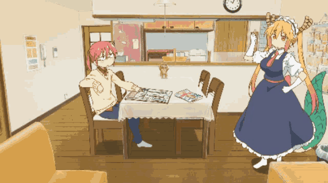 a cartoon of a girl sitting at a table with a clock on the wall