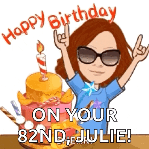 a cartoon of a woman with a birthday cake and the words happy birthday on your 82nd julie