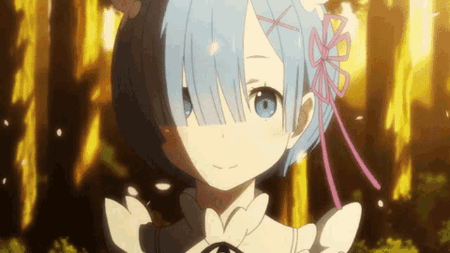 a close up of a girl with blue hair and a pink bow in her hair