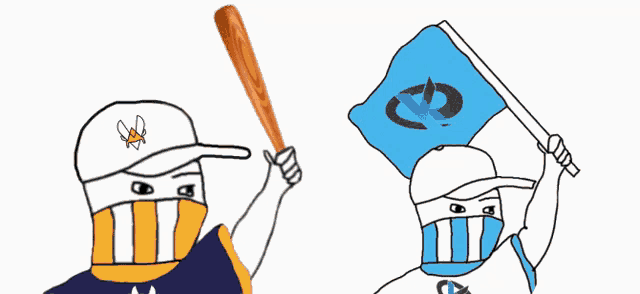 a cartoon drawing of a man holding a flag with a letter b on it