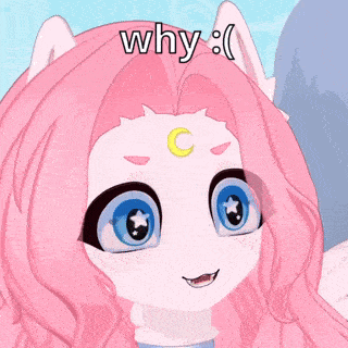 a cartoon girl with pink hair and a crescent moon on her forehead is asking why