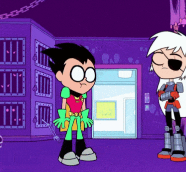 a cartoon character named robin is standing next to another cartoon character