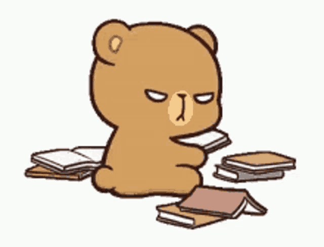 a cartoon teddy bear is sitting on a pile of books and smoking a cigarette .