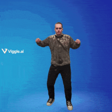 a man in a camo sweater is jumping in the air with a blue background that says viggle.com