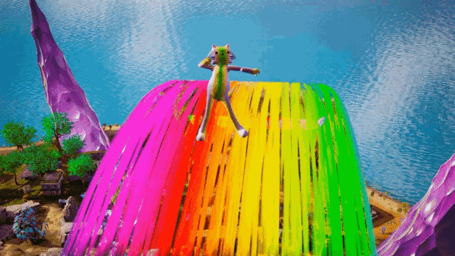 a cartoon cat is standing on top of a rainbow colored fence