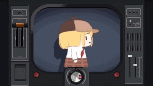 a pixel art of a girl standing in front of a television .