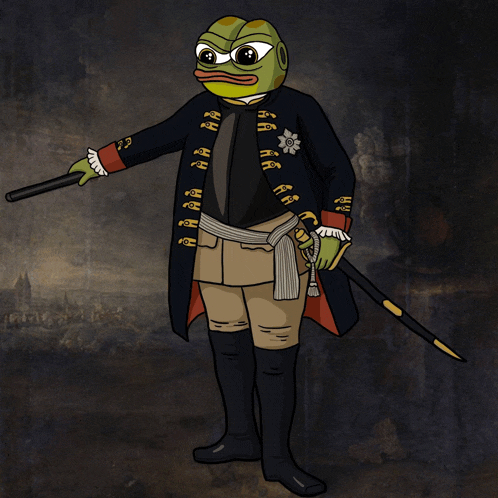 a cartoon of a frog holding a gun and a sword