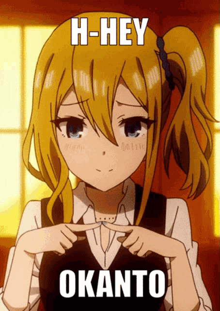 a picture of a girl with the words h-hey okanto on it