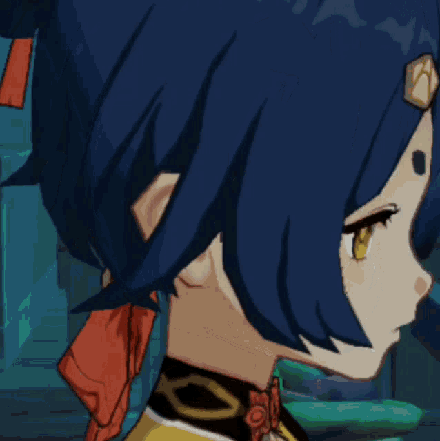 a close up of a girl 's face with blue hair