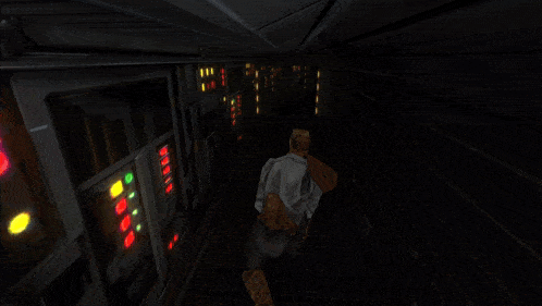 a man holding a green lightsaber in a hallway with lights on the walls