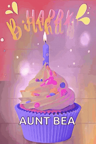 a cupcake with a candle on top of it and the words `` happy birthday aunt bea '' written on it .