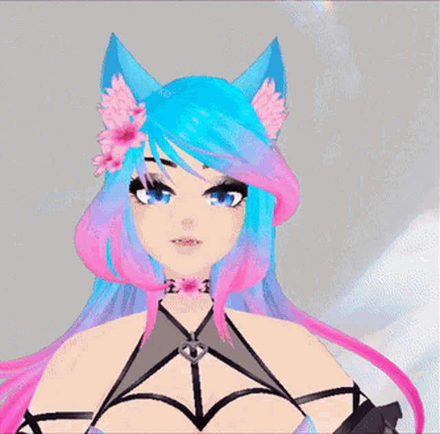 a girl with blue and pink hair and a flower in her hair has ah my eyes written below her
