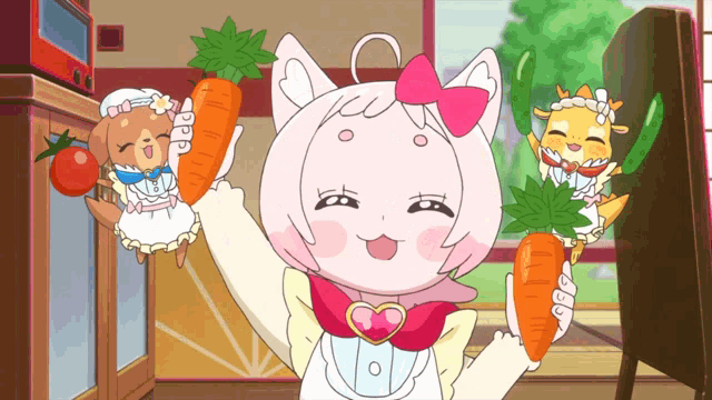 a cartoon character is holding a carrot in her hand
