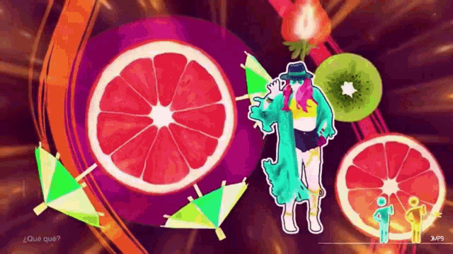 a video game screen shows a man dancing in front of a grapefruit and kiwi