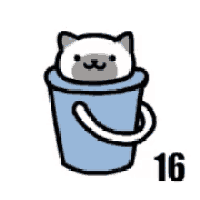a cat is sitting in a blue bucket with the number 16 next to it .