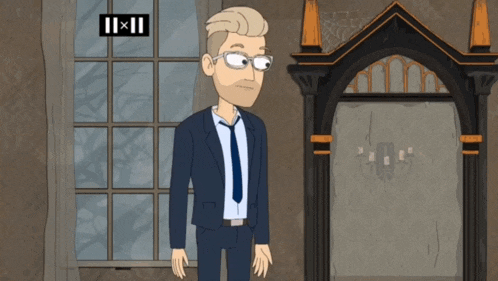 a man in a suit and tie is standing in front of a mirror with the number 11x11 written on it