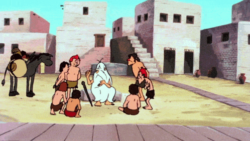 a group of cartoon characters are gathered around a man in a white shirt
