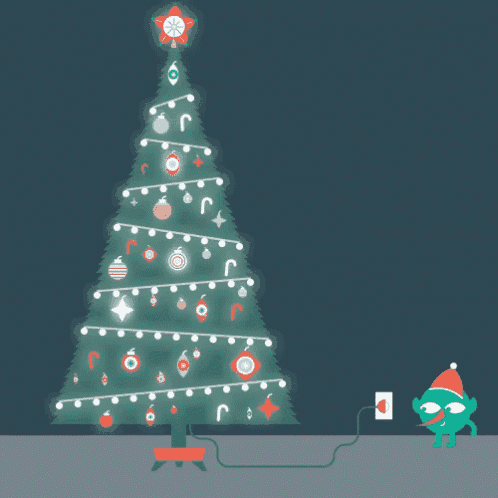 an illustration of a christmas tree being plugged into a wall