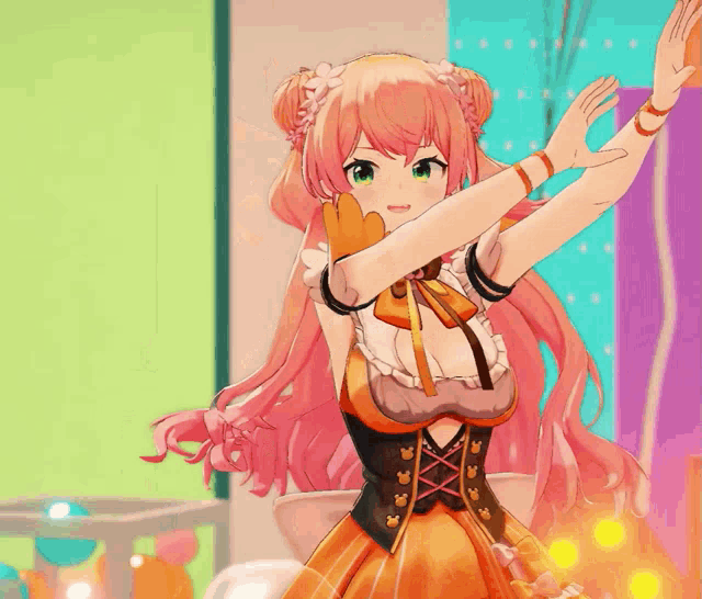 a girl with pink hair is wearing a maid outfit and has her arms outstretched