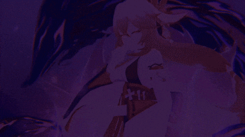 a purple lightning strikes behind a girl with long hair