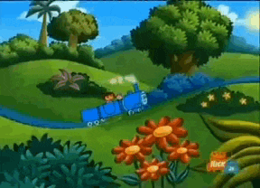 a cartoon scene with a blue train and a nick logo