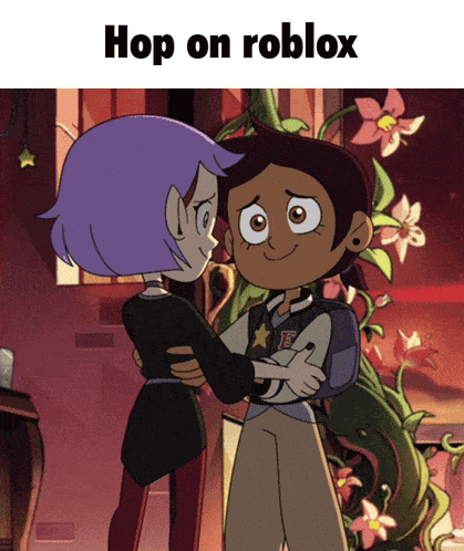 a cartoon of two girls hugging with the words hop on roblox above them