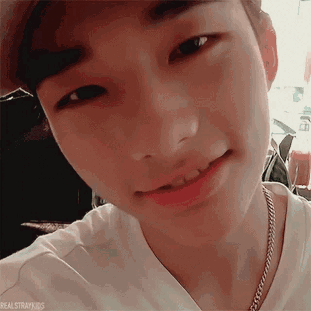 a close up of a person 's face with the words realstraykids visible