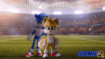 sonic the hedgehog and tails are standing next to each other on a field