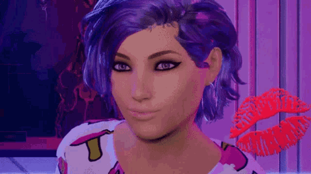 a woman with purple hair is wearing a shirt with a letter t on it