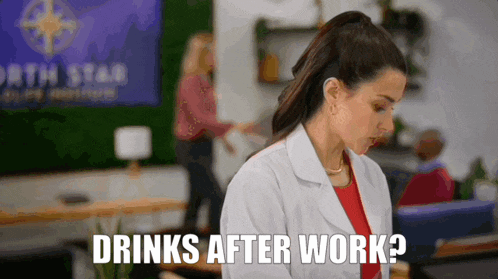 a woman in a lab coat is asking if she can drink after work