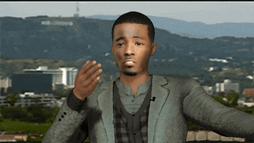 a man in a suit stands in front of a mountain