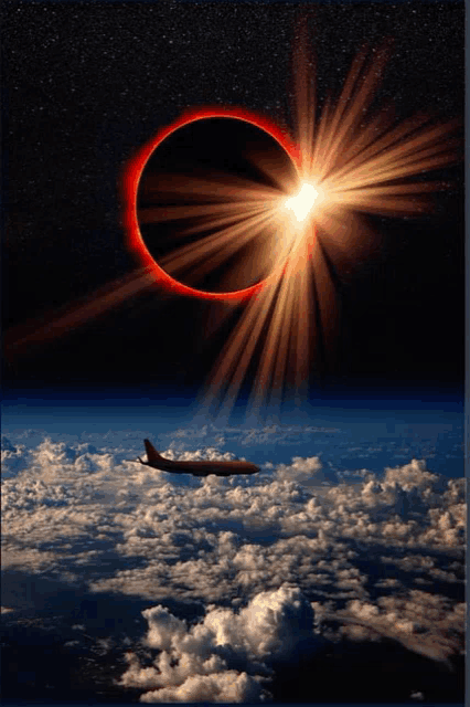 a plane is flying over the clouds in front of an eclipse of the sun
