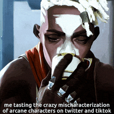 a painting of a man drinking from a cup with the caption me tasting the crazy mischaracterization of arcane characters on twitter
