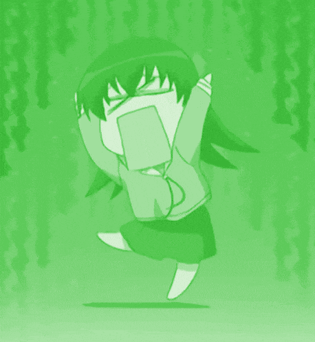 a cartoon girl is standing in front of a green background covering her face with her hands .