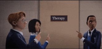 a group of cartoon characters are standing in front of a door that says therapy .