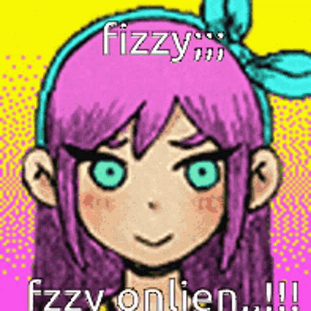 a cartoon of a girl with purple hair and green eyes is titled fizzy on lien .
