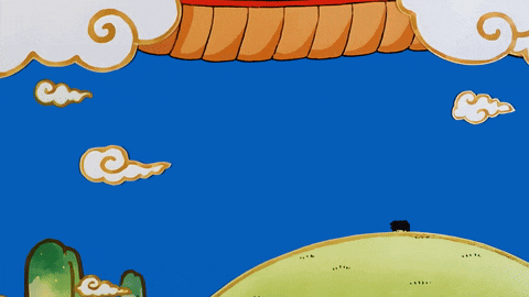 a cartoon of a man standing on a hill with clouds in the sky