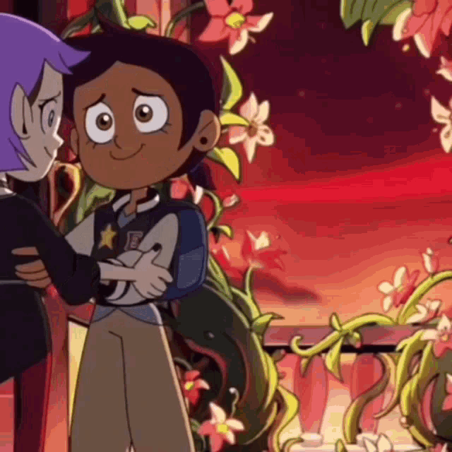 a cartoon girl is hugging another girl in front of flowers .