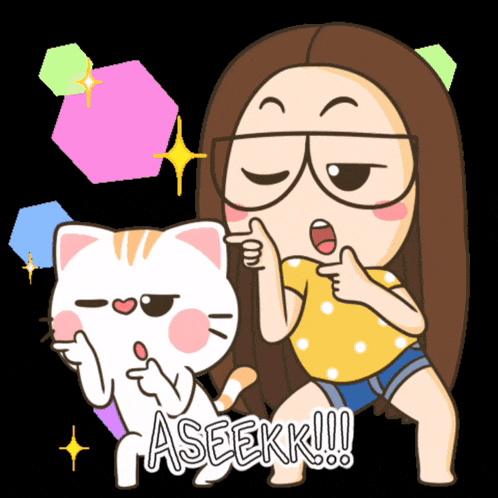 a cartoon of a girl and a cat saying aseek !!!