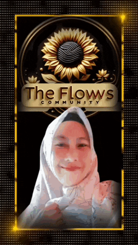 a woman in a white hijab is smiling in front of a logo for the flows community