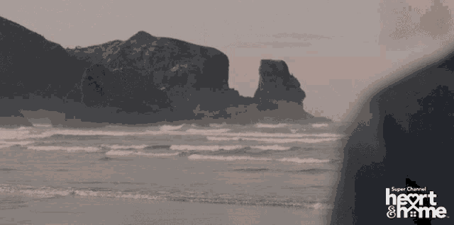 a man standing on a beach with a super channel heart & home logo behind him