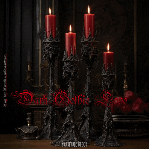 a dark gothic candle holder with red candles in it