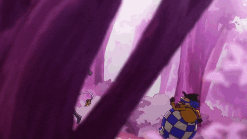a cartoon character is walking through a purple forest with trees and flowers