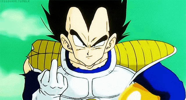 a cartoon character from dragon ball z is giving the middle finger .