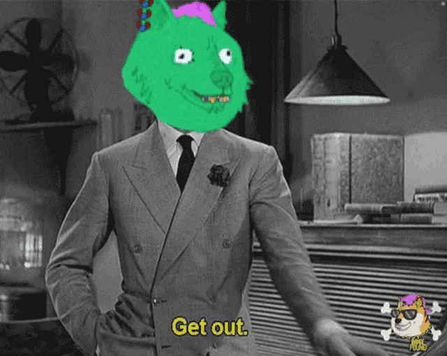 a man in a suit has a green monster on his head and the words get out in yellow